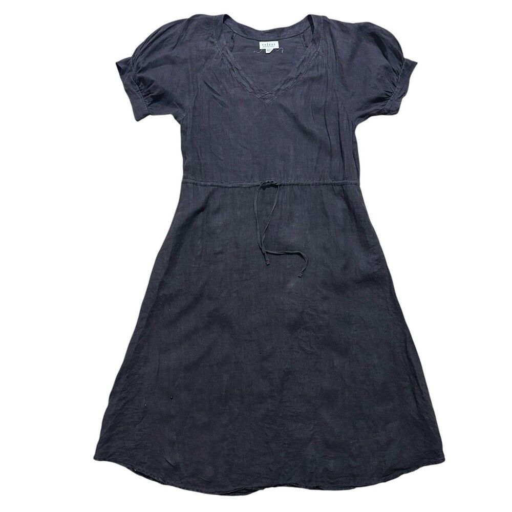 Velvet By Graham & Spencer Dress Women XS Gray Linen Midi Oversized Cinch Waist